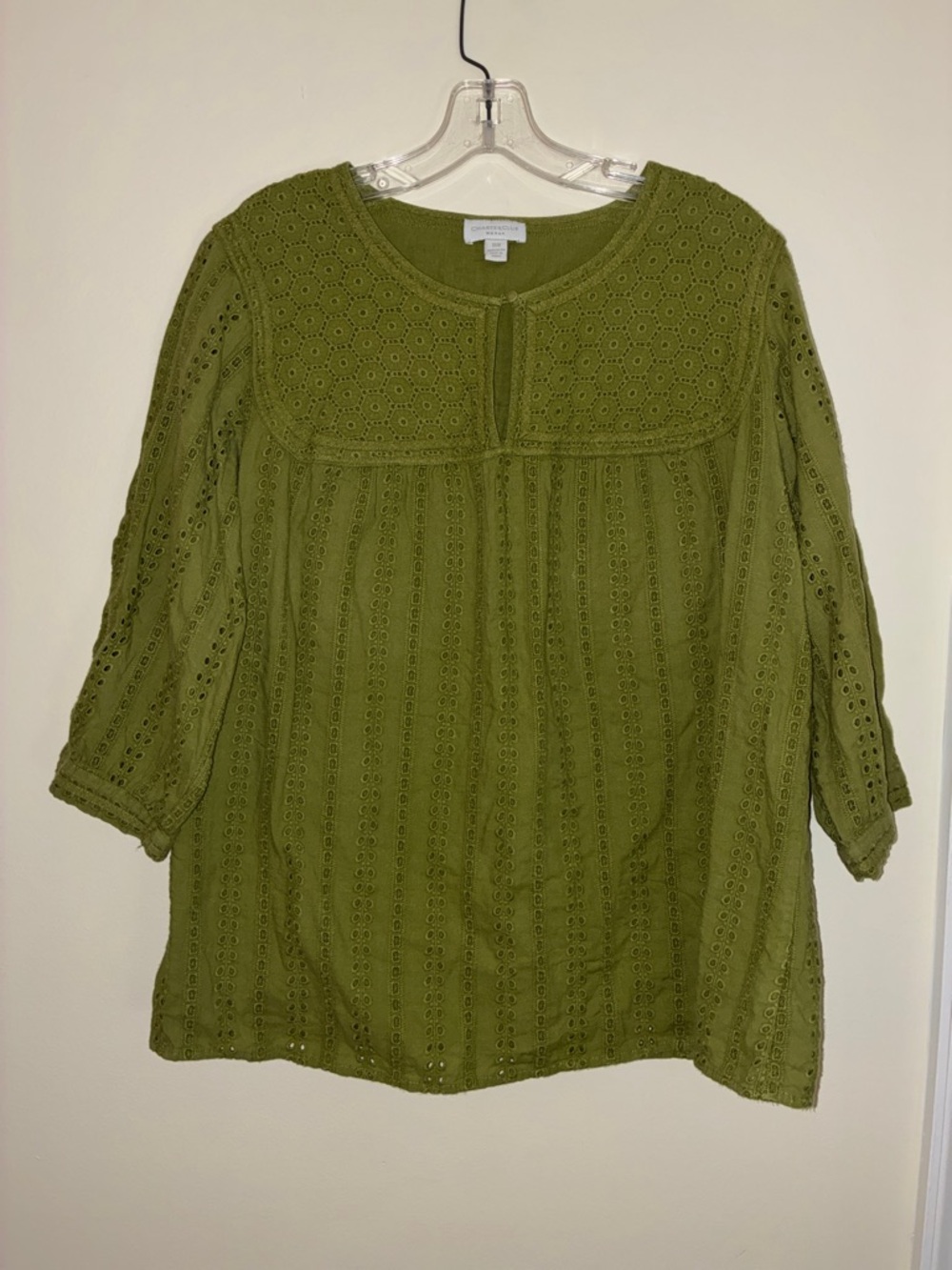 Charter Club Olive Green Eyelet Peasant Top Size 16W